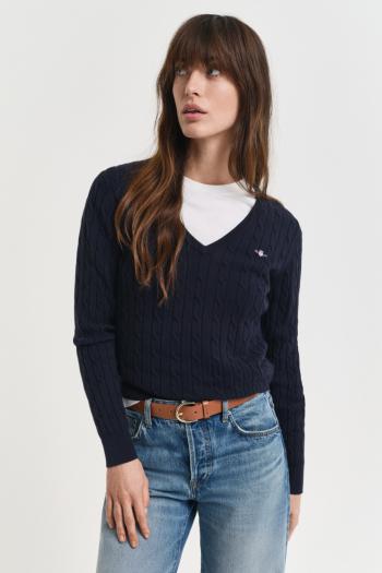 SVETR GANT STRETCH COTTON CABLE V-NECK EVENING BLUE