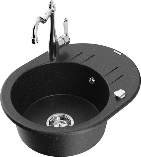 MEXEN/S Kevin granitový dřez 1-miska s odkapávačem včetně baterie Carla, černá/stříbrná metalik 6517-73-670700-00