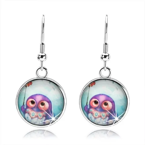 Náušnice cabochon, čirá vypouklá glazura, barevná sova, modré pozadí
