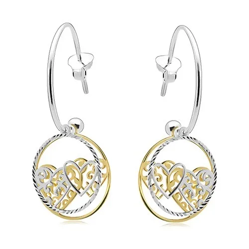 Náušnice ze stříbra 925, neúplný kruh, kroužky se srdíčky, dvoubarevné