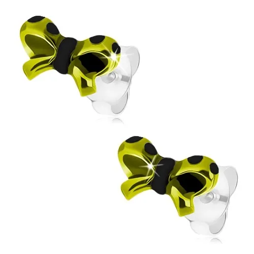 Stříbrné 925 náušnice, mašlička se světle zelenou a černou glazurou