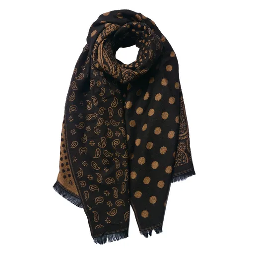 Hnědo-černý dámská šála s třásněmi a vzorem- 65*190 cm JZSC0793CH
