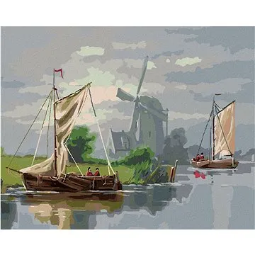 Diamondi - Diamantové malování - VĚTRNÝ MLÝN A PLACHETNIČKY, 40x50 cm, bez rámu a bez vypnutí plátna (605000A)