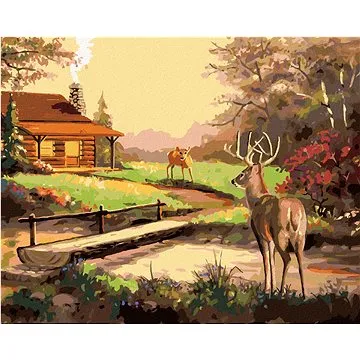 Zuty - Malování podle čísel - JELEN, CHATA A ZÁPAD SLUNCE (D. RUSTY RUST), 80x100 cm, vypnuté plátno (HRAmmb03309nad)