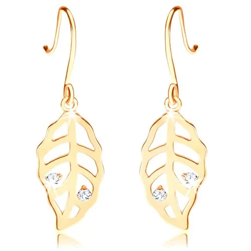 Zlaté náušnice 585 - blýskavé lístečky zdobené výřezy a čirými zirkony