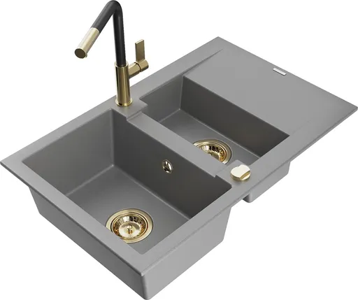 MEXEN/S Gaspar granitový dřez 1.5 s odkapávačem včetně baterie Flora, šedá 6507-71-670401-57-G