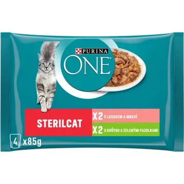 Purina ONE Sterilcat minifiletky s krůtou a zelenými fazolkami, s lososem a mrkví 4 × 85 g (7613038648293)