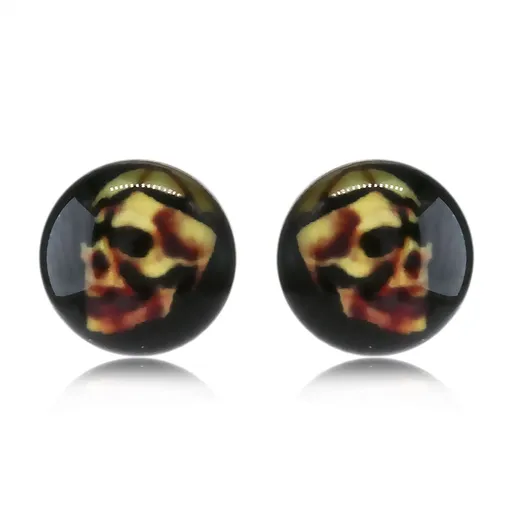 Náušnice z nerezavějící oceli - lebka na černém podkladu, čirá glazura, puzetky