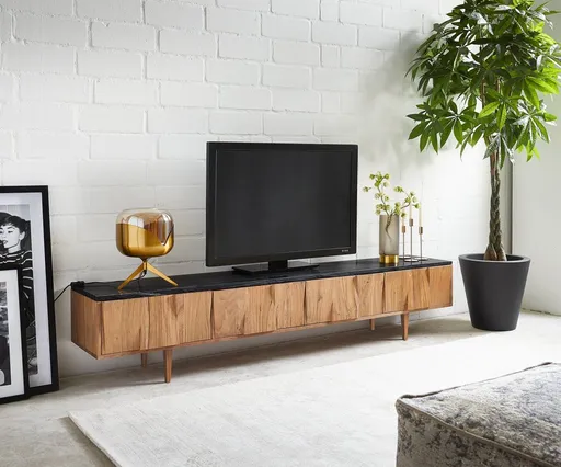 TV stolek Shia 200 cm přírodní akácie mramor černá 4 dvířka