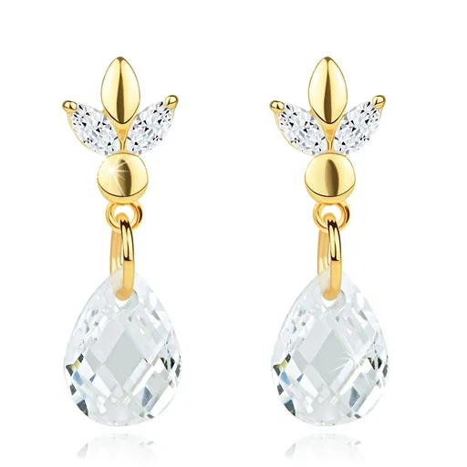 Náušnice ze žlutého zlata 585 - květina, čirá zirkonová slza, puzety