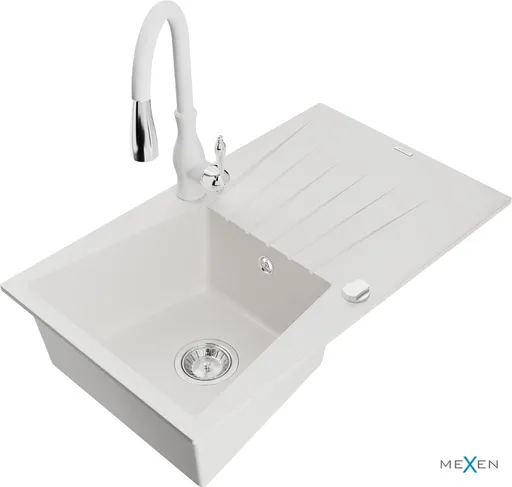 MEXEN/S Cesar granitový dřez 1 s odkapávačem včetně baterie Savita, bílá 6514-20-672601-20