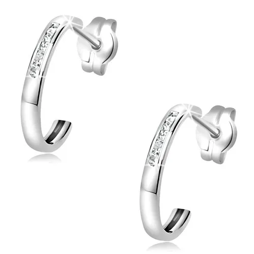 Náušnice z bílého 14K zlata - půlkruh zdobený tenkou linií čirých zirkonů