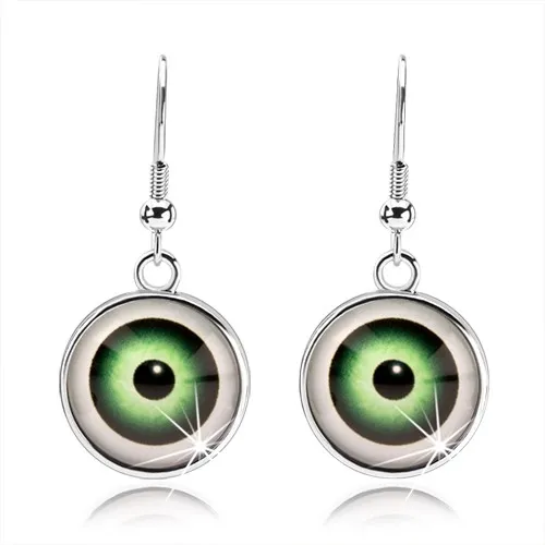 Cabochon náušnice, vypouklé čiré sklo, oko zelené barvy s bílým lemem