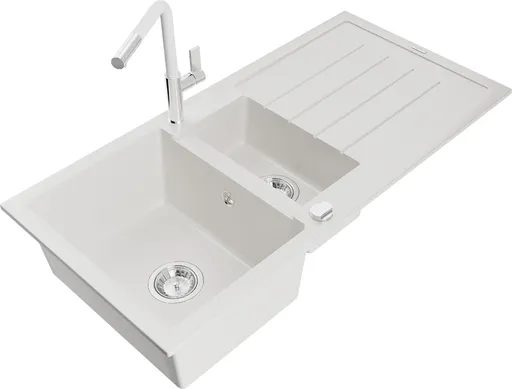 MEXEN/S Andres granitový dřez s odkapávačem včetně baterie Flora, bílá 6515-20-670401-02
