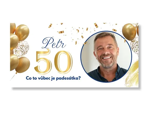 Personalizovaný Narozeninový banner s fotkou - Zlatá 50 Rozměr banner: 130 x 260 cm