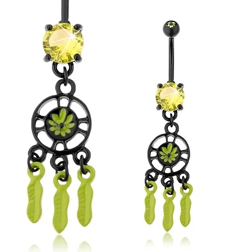 Piercing do bříška, chirurgická ocel, lapač snů, černá a zelená barva, zirkony