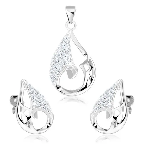 Set náušnic a přívěsku, stříbro 925, slza - asymetrický výřez, čiré zirkony