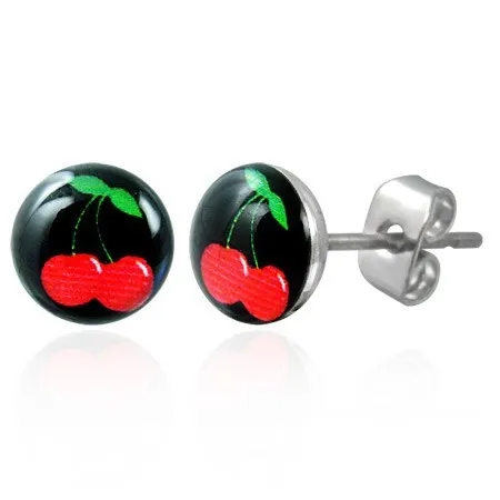 Puzetové náušnice z oceli, hlavička s glazurou, třešně na černém podkladu