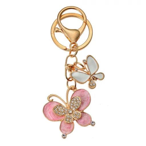 Růžovo-zlatý kovový přívěšek na klíče s kamínky motýlci - 4*1*3 cm JZKC0186