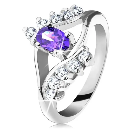 Lesklý prsten ve stříbrném odstínu s fialovým oválným zirkonem, čirá linie - Velikost: 49