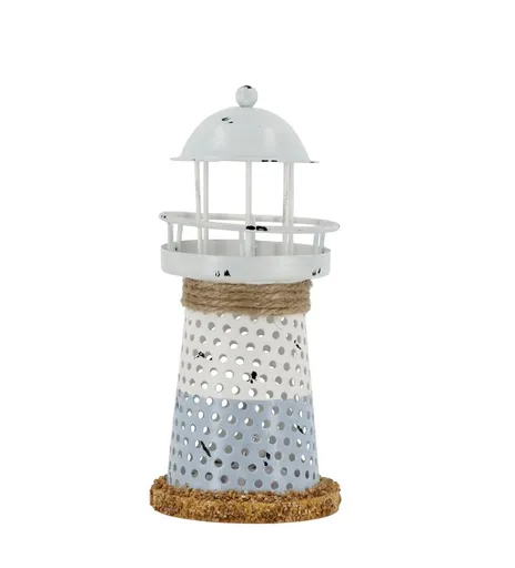 Bílo-modrá kovová dekorace maják s Led Lighthouse - Ø 6,5*15 cm Chic Antique