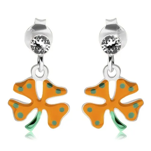 Náušnice ze stříbra 925, čirý zirkonek, oranžovozelený čtyřlístek, puzetky