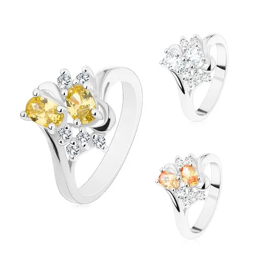 Prsten ve stříbrném odstínu, dva broušené ovály a čiré zirkonky - Velikost: 59, Barva: Čirá