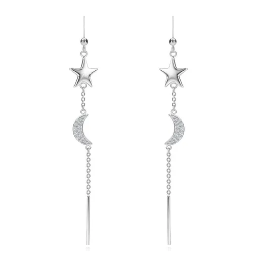 Visací stříbrné 925 náušnice - hvězda, půlměsíc, čirý zirkon, tenká tyčinka, řetízek