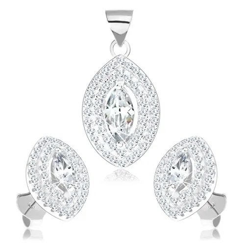 Sada náušnic a přívěsku, stříbro 925, čiré zirkonové zrnko s dvojitým lemem