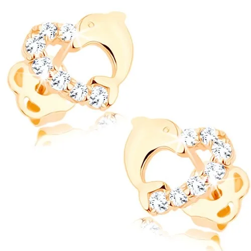 Briliantové zlaté náušnice 585 - obrys srdíčka s linií diamantů a s delfínem
