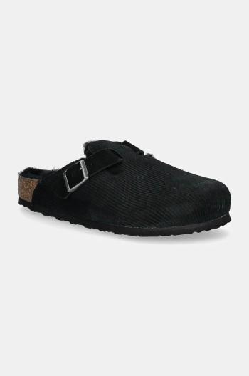 Semišové pantofle Birkenstock Boston Corduroy Shearling pánské, černá barva, 1028326