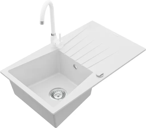 MEXEN/S Cesar granitový dřez 1 s odkapávačem včetně baterie Telma, bílá 6514-20-670200-20