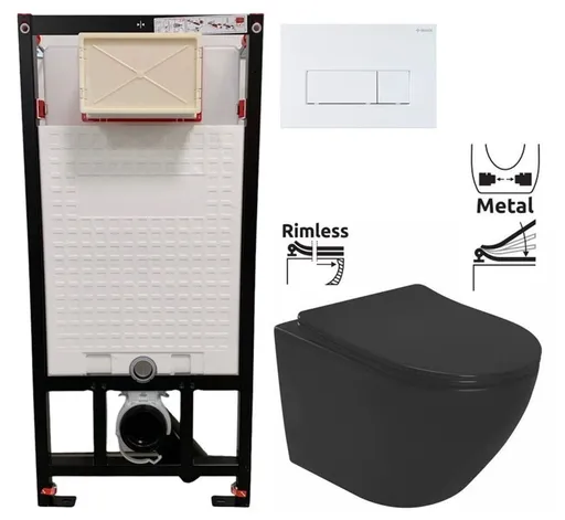 DEANTE Podomítkový rám, pro závěsné WC mísy + SLIM tlačítko bílé + WC REA CARLO MINI RIMLESS ČERNÝ MAT + SEDÁTKO CST_WC01 A51P MM1