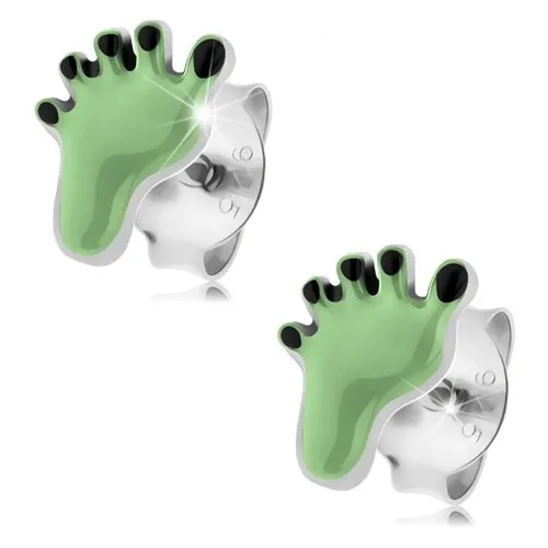 Stříbrné 925 náušnice, světle zelená nožka s černými prsty