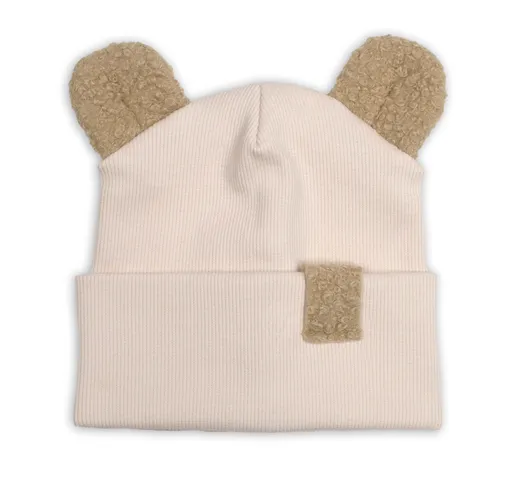 Baby Nellys Dvouvrstvá žebrovaná čepička s oušky boucle medvídek - béžová, 80/86