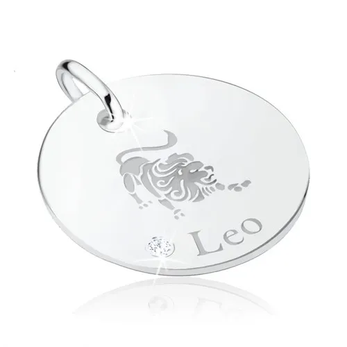 Kruhový stříbrný přívěsek 925, ozdobné gravírování - znamení LEV, zirkon