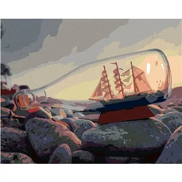 Diamondi - Diamantové malování - LOĎ V LAHVI U MOŘE, 40x50 cm, Vypnuté plátno na rám (606944B)