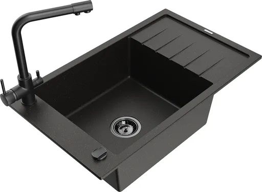 MEXEN/S Elias granitový dřez 1-miska včetně baterie Duero, černá/zlatá metalik 6511-75-671600-70-B
