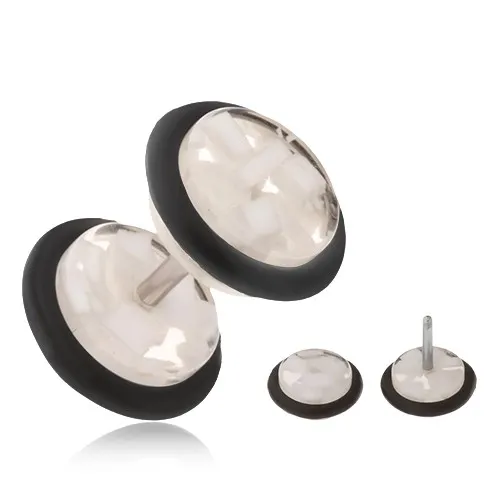 Falešný plug do ucha, bílo-čirá akrylová kolečka, tříštivý design