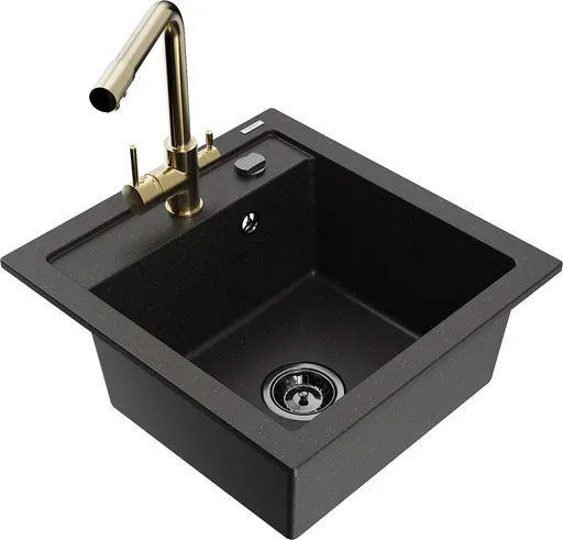 MEXEN/S Vito granitový dřez 1-miska včetně baterie Duero, černá/zlatá metalik 6503-75-671600-50-B