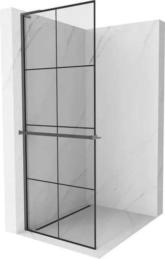 MEXEN/S Kioto+ L Sprchová zástěna WALK-IN s poličkou a držákem ručníků 90 x 200, černý vzor, grafit kartáčovaná 800-090-123-66-77