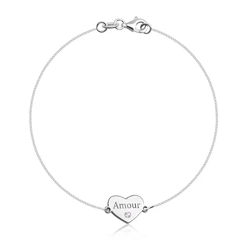Náramek ze stříbra 925 - pravidelné srdíčko s nápisem "Amour" a zirkonkem růžové barvy