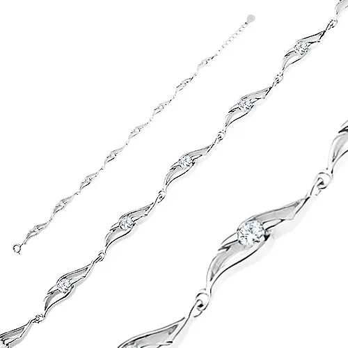 Stříbrný náramek 925, zaoblené články s výřezy, kulaté čiré zirkony