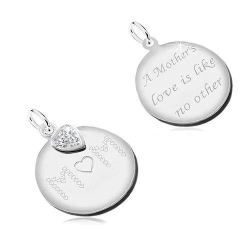Stříbrný přívěsek 925, oboustranný plochý kruh s nápisy, srdíčko