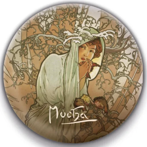Magnet Alfons Mucha – Zima, kulatý, 5 cm