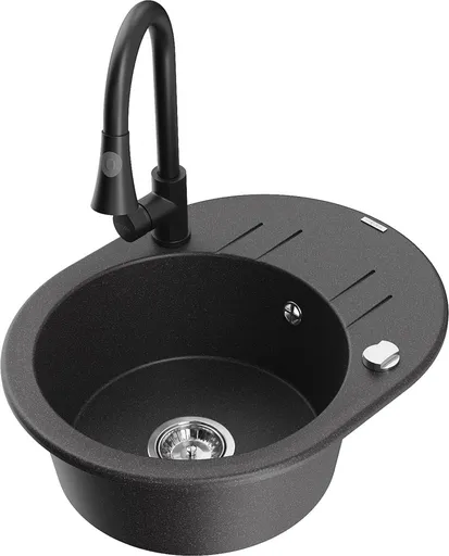 MEXEN/S Kevin granitový dřez 1-miska s odkapávačem včetně baterie Elia, černá kropenatá 6517-76-670101-70