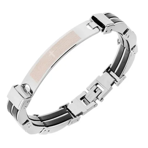 Náramek z oceli, stříbrná barva, černé pryžové spoje, kříž, nápis