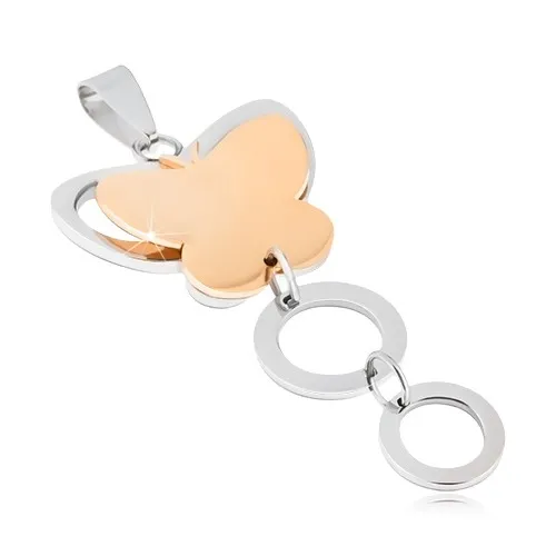 Přívěsek z oceli 316L - zlato-stříbrný, lesklý motýl a dvě obroučky