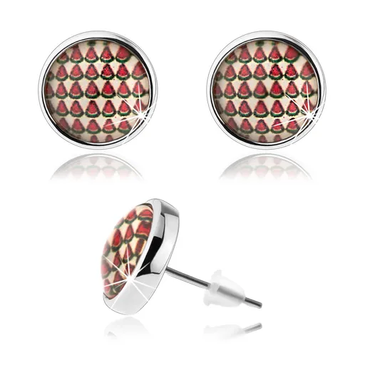 Kabošon náušnice, čirá vypouklá glazura, motiv malých nakrájených melounů