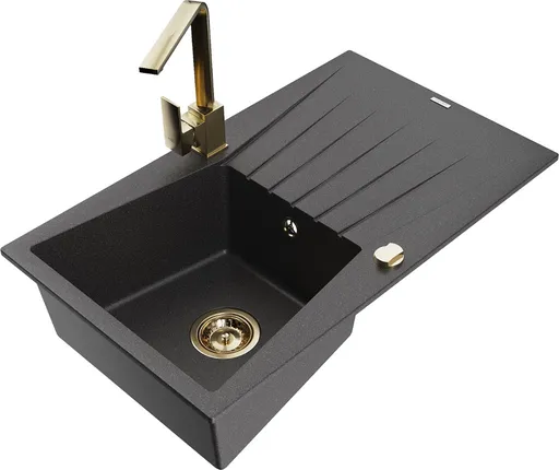 MEXEN/S Cesar granitový dřez 1-miska s odkapávačem včetně baterie Rita, černý kropenatý 6514-76-670300-50
